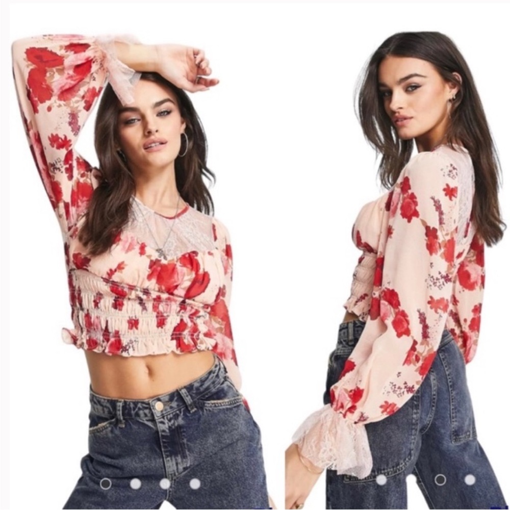 Free people daphne abstract floral lace smocked long sleeve blouse romantic